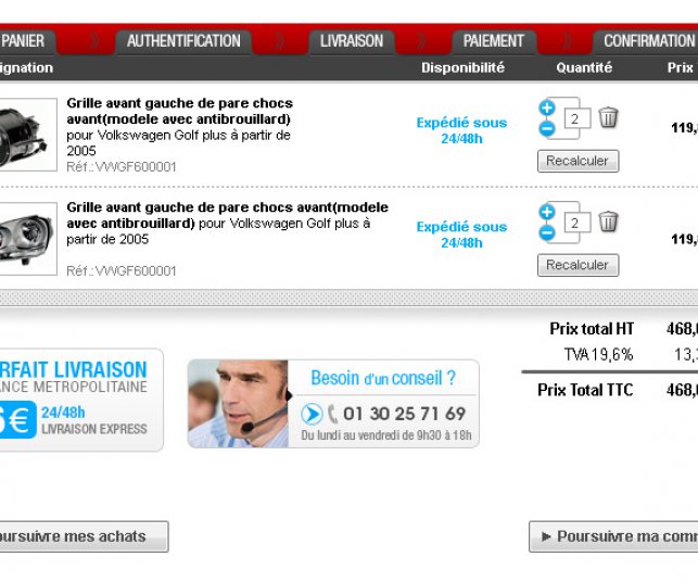 Graphisme de la page de panier de pièces de carrosserie