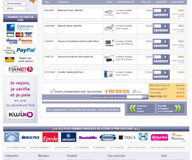 Détail de la page de panier de commande.