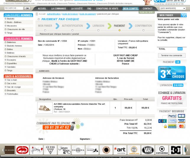 Récapitulatif de commande par chèque.