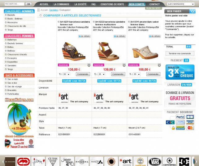 Page de comparateur de chaussures.