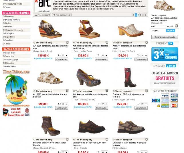 Page de détail d'une marque de chaussure.