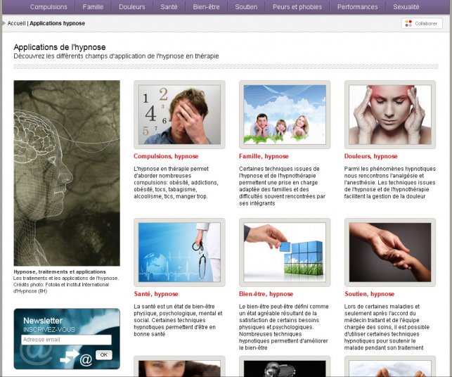 Détail de la page des rubriques des traitements d'hypnose