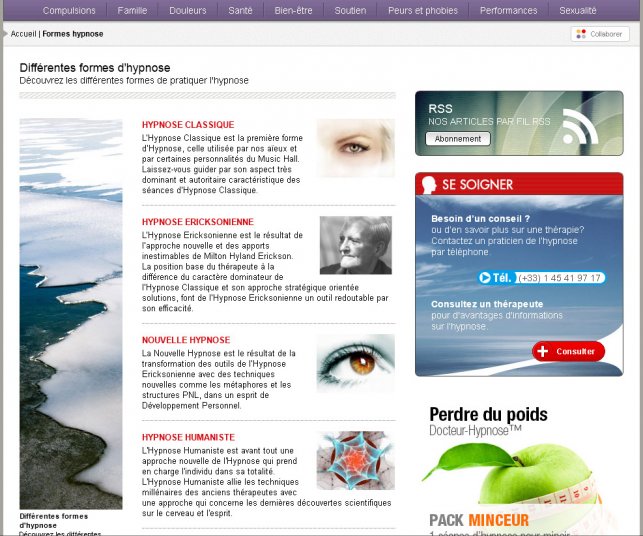 Détail de la page des type d'hypnose.