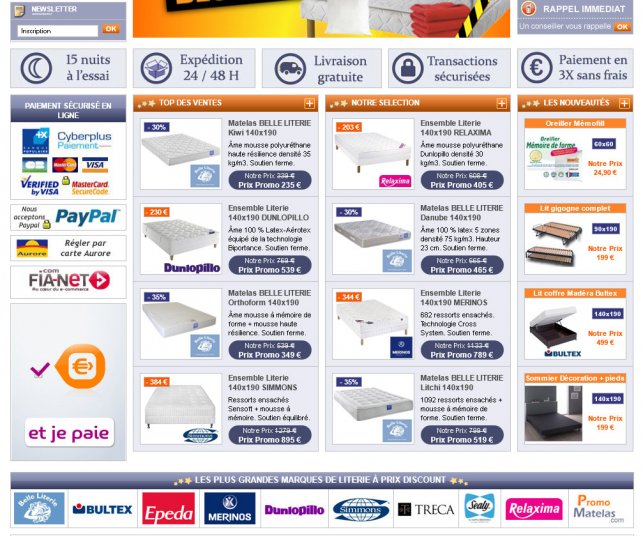 Page d'accueil du site e-commerce de literie une fois développé