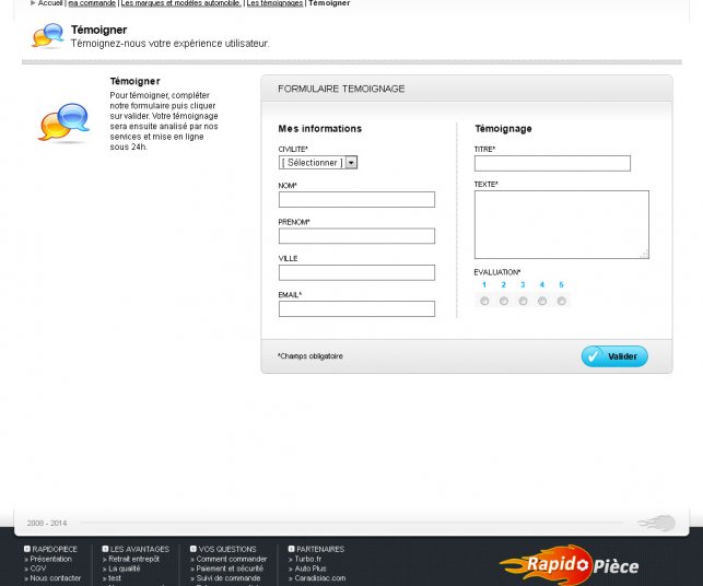 Détail du formulaire de témoignage du site e-commerce