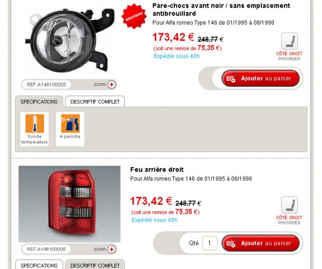 Graphisme de la page des articles de pièces de carrosserie