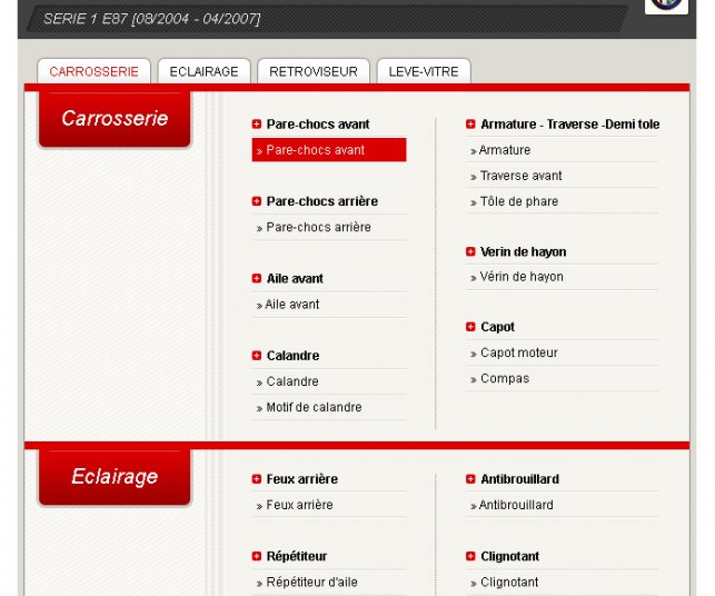 Graphisme de la page de catégorie des pièces de carrosserie