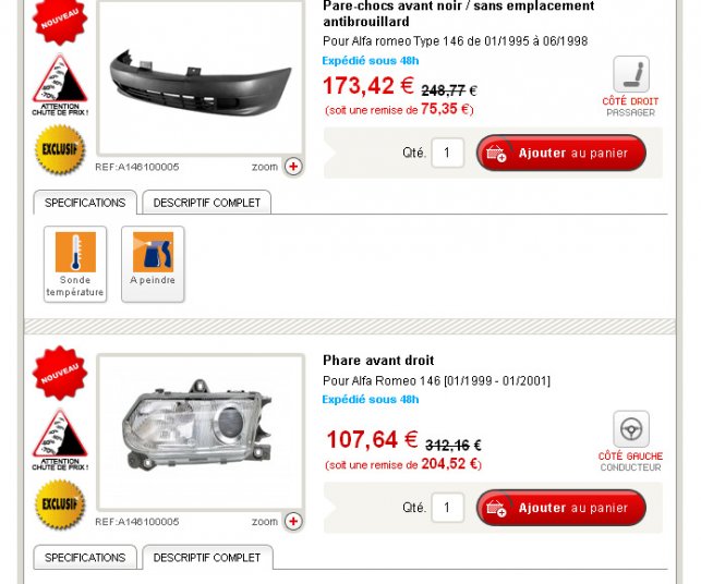 Graphisme de la page des produits de pièces de carrosserie