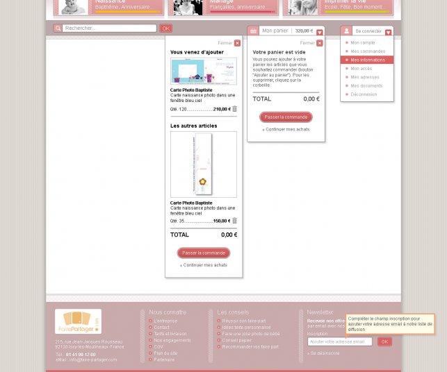 Détail graphique du panier et compte client.