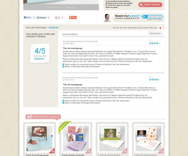 Graphisme de la page produit et témoignage.