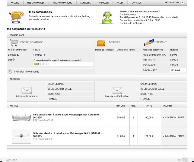 Détail de la page commande du site e-commerce