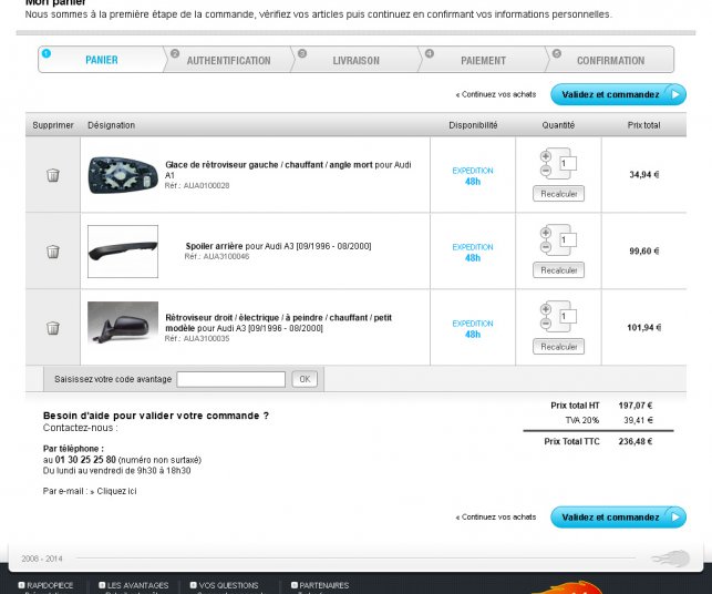 Panier de commande du site Rapidopiece