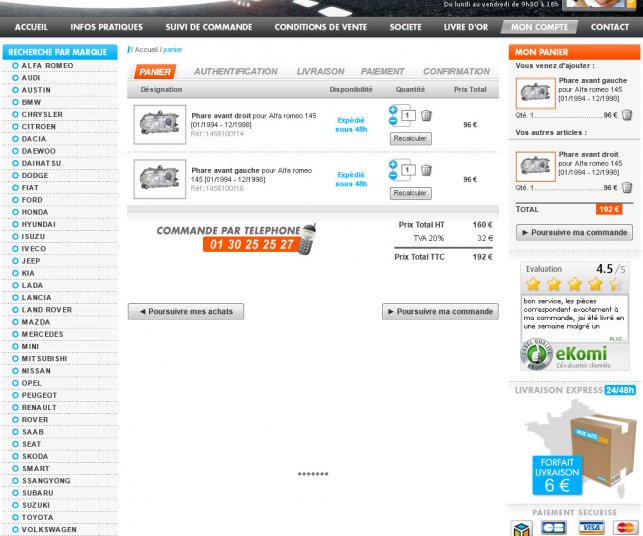 Création graphique de la page panier du site automobile