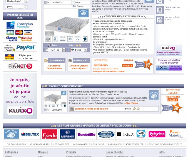 Détail de la page produit du site de literie