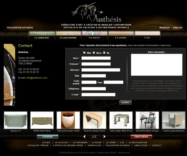 Page contact du site de l'ébéniste