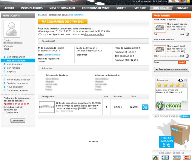 Création graphique de la page compte du site automobile