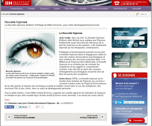 Détail d'un article sur un type d'hypnose