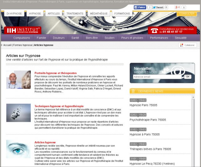 Détail de la page des rubriques d'articles d'hypnose