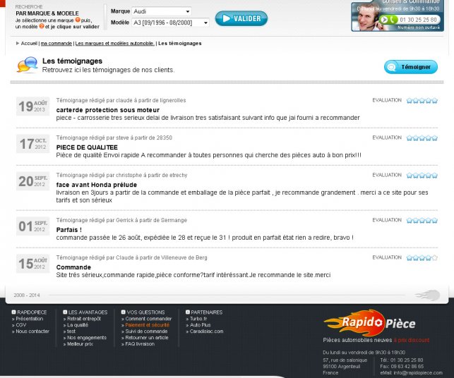 Détail de la page témoignages du site e-commerce